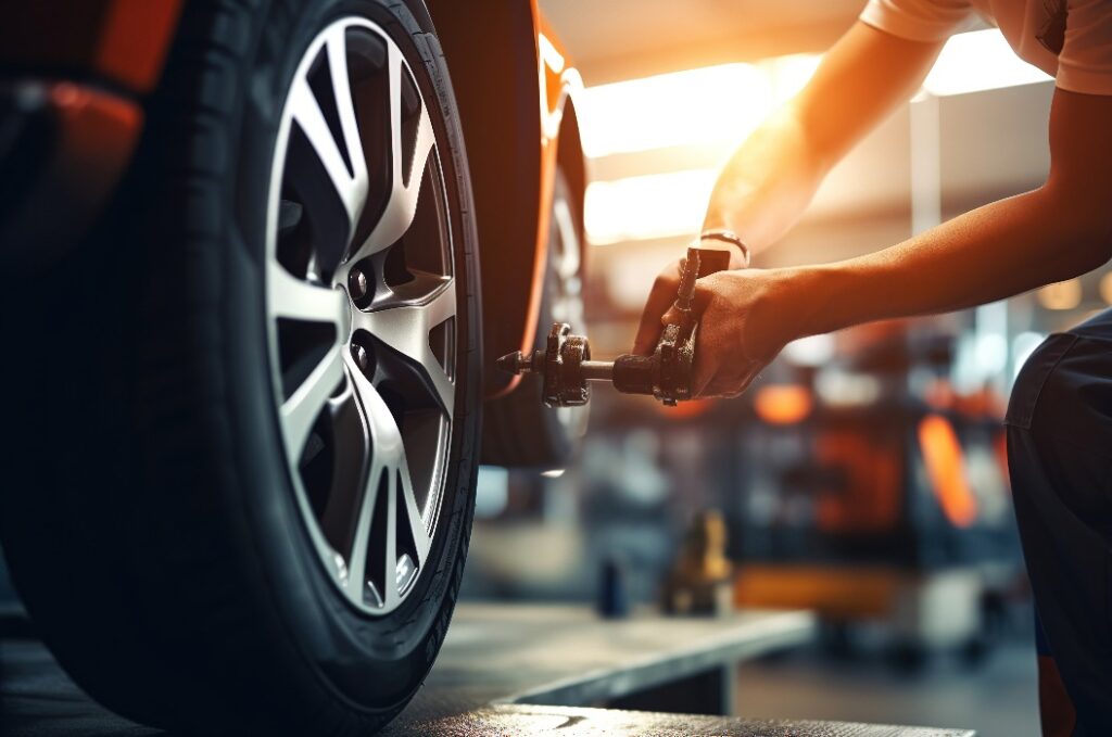 Ein Mechaniker wechselt in einer Autowerkstatt die Reifen eines Autos.