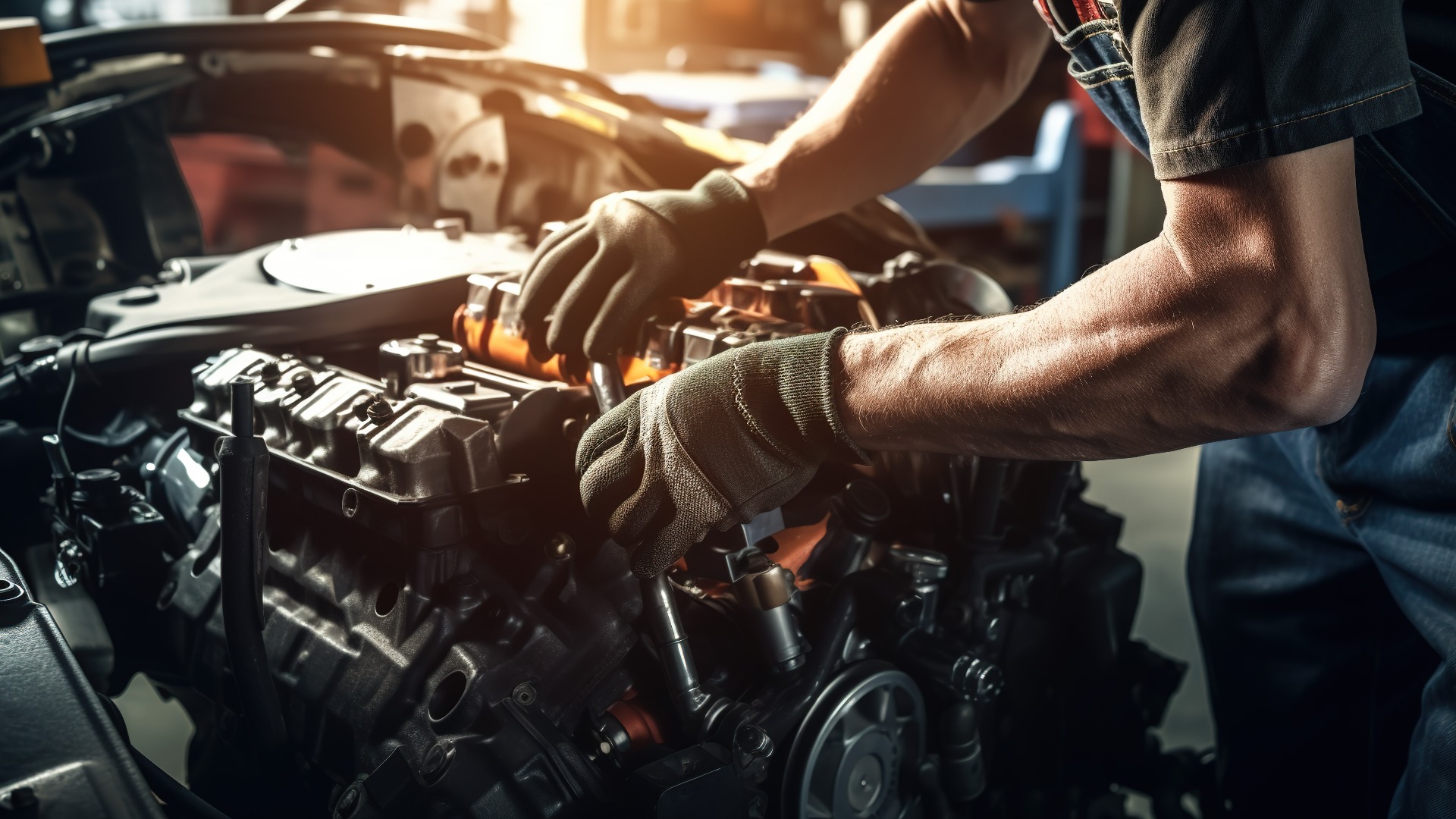 Ein professioneller Mechaniker arbeitet in einer Werkstatt an einem Automotor. Autoreparaturdienst. Die Hände tragen Mechanikerhandschuhe. Der Mechaniker hält ein Werkzeug zum Festziehen der Mutter in der Hand. Motorabdeckung.