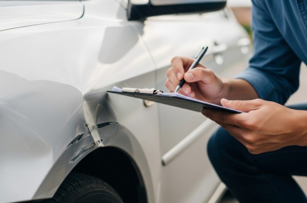 Car accident damage inspection and insurance claim documentation